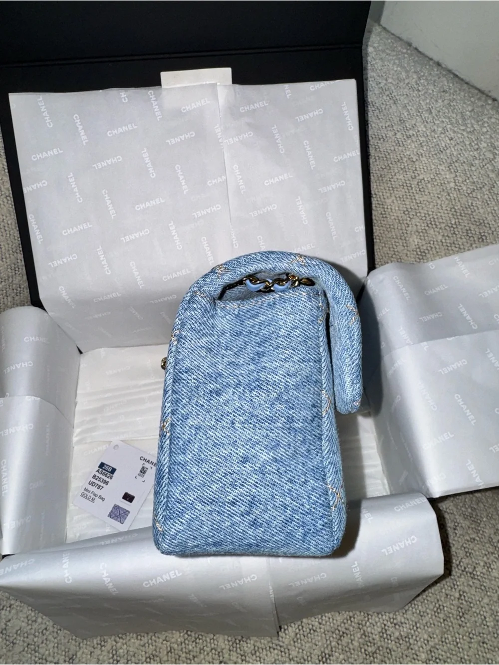 CHANEL 26B BLUE DENIM MINI FLAP BAG